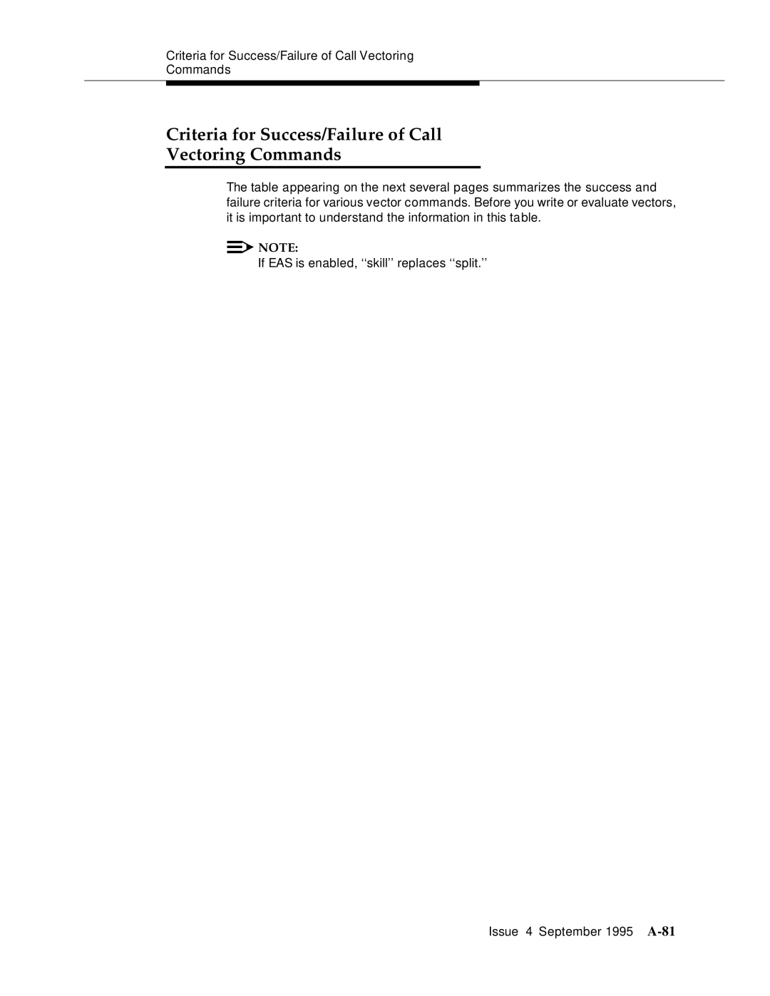 AT&T 555-230-520 manual Criteria for Success/Failure of Call Vectoring Commands 