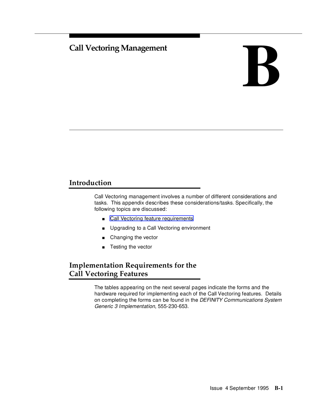 AT&T 555-230-520 manual Call Vectoring ManagementB, Implementation Requirements for Call Vectoring Features 