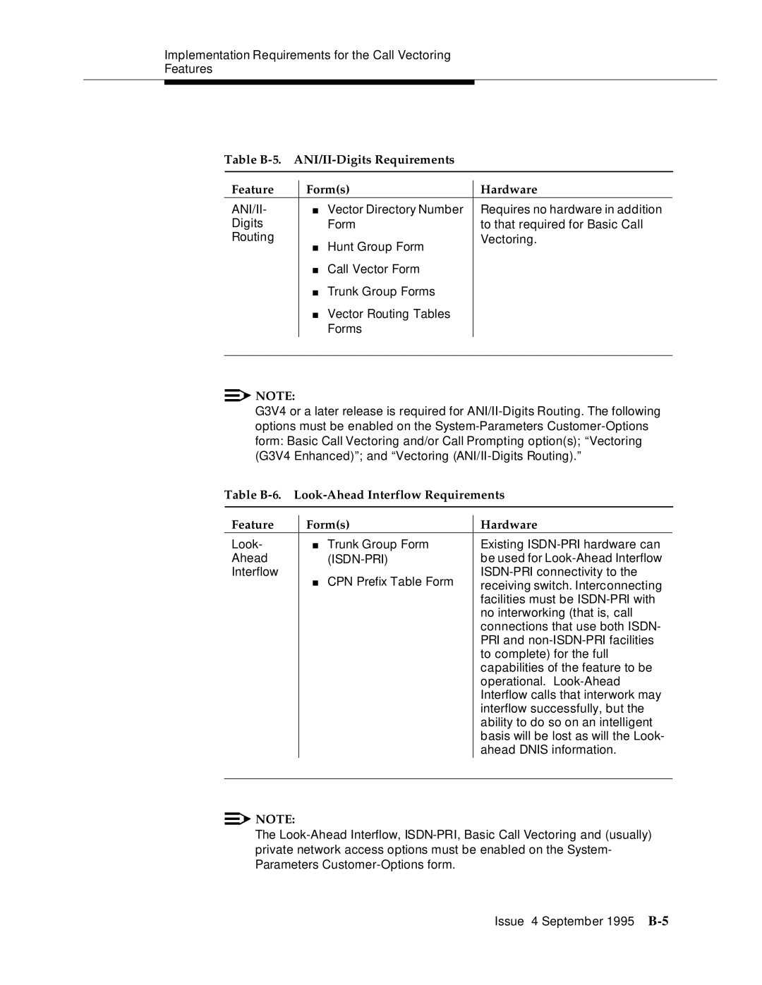 AT&T 555-230-520 manual Table B-5 ANI/II-Digits Requirements Feature Forms Hardware, Ani/Ii 