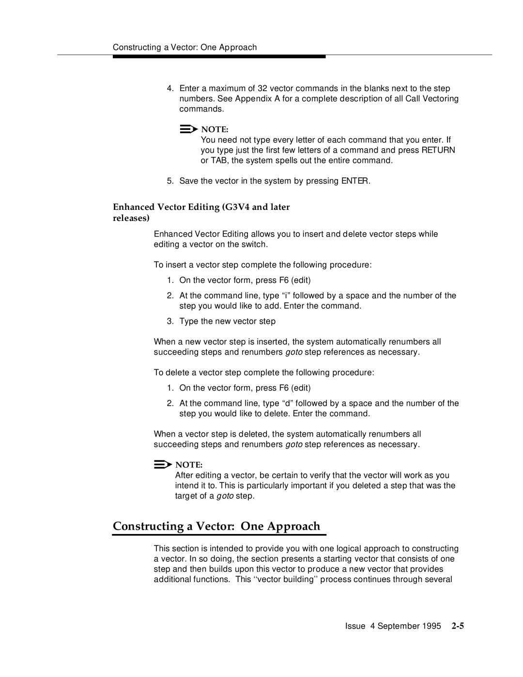 AT&T 555-230-520 manual Constructing a Vector One Approach, Enhanced Vector Editing G3V4 and later releases 