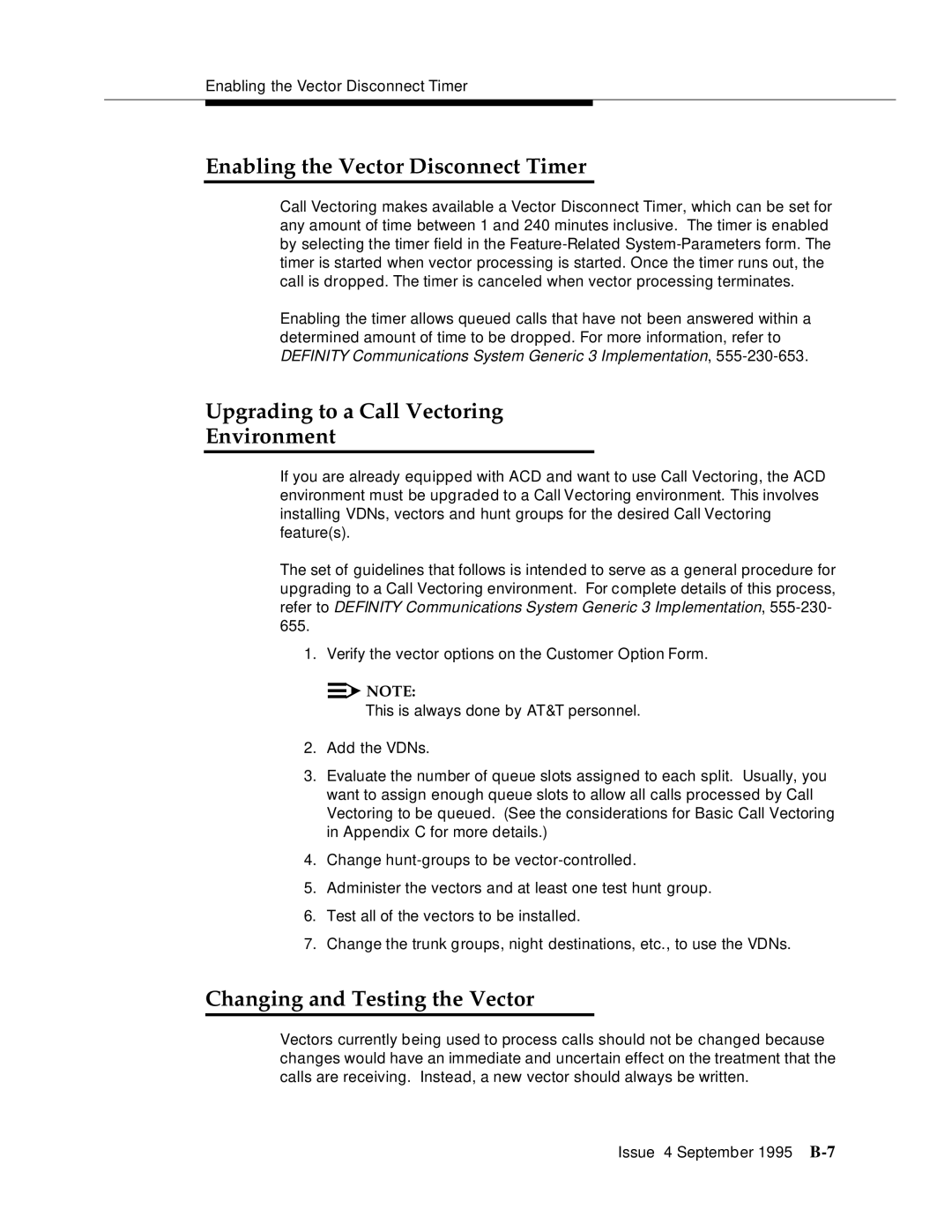 AT&T 555-230-520 manual Enabling the Vector Disconnect Timer, Upgrading to a Call Vectoring Environment 