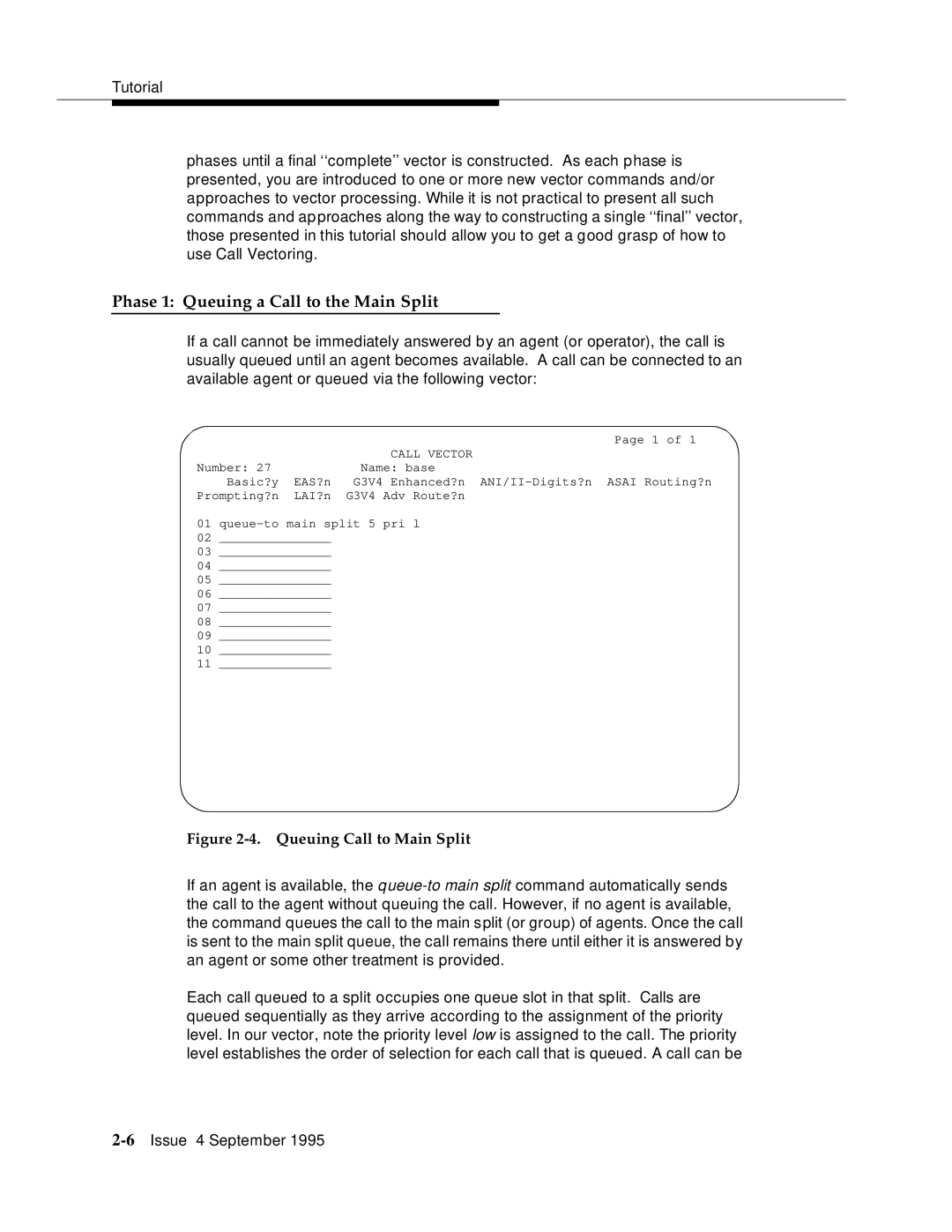 AT&T 555-230-520 manual Phase 1 Queuing a Call to the Main Split, Queuing Call to Main Split 