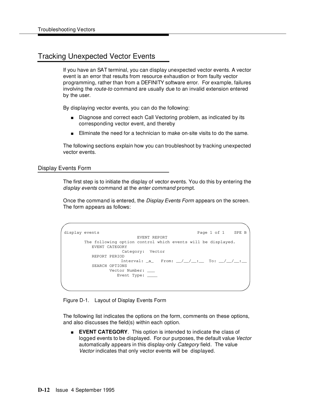 AT&T 555-230-520 manual Tracking Unexpected Vector Events, Display Events Form 