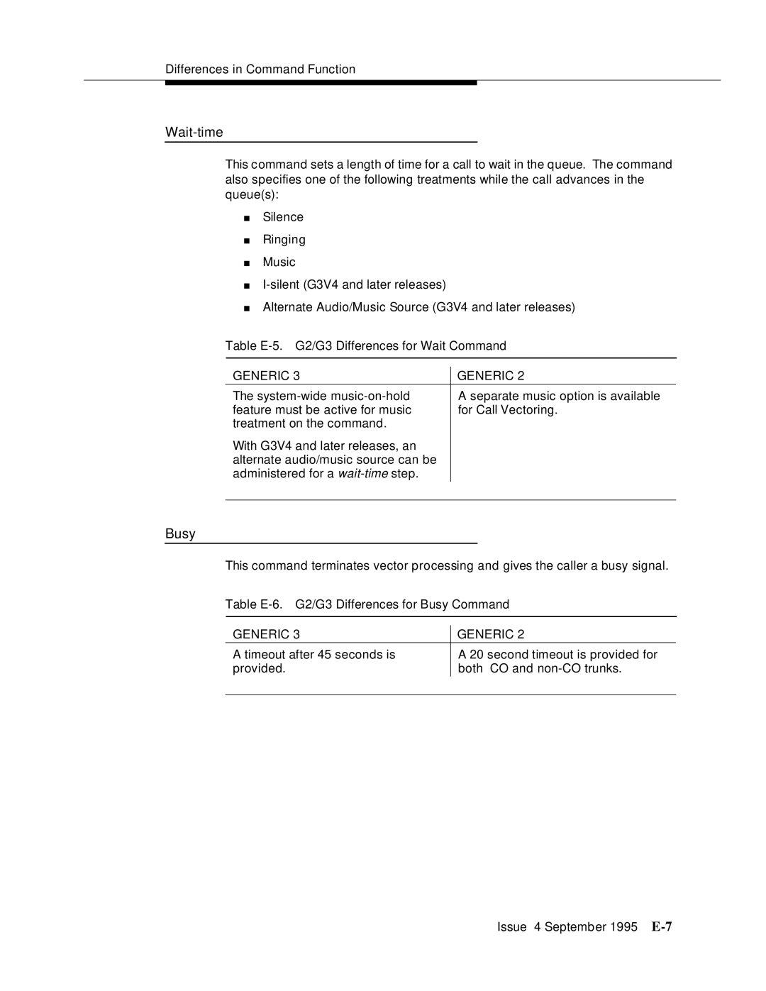 AT&T 555-230-520 manual Wait-time, Busy, Table E-5. G2/G3 Differences for Wait Command 