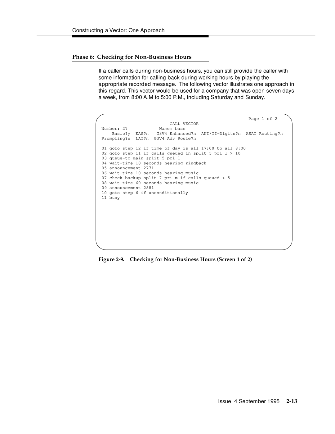 AT&T 555-230-520 manual Phase 6 Checking for Non-Business Hours, Checking for Non-Business Hours Screen 1 