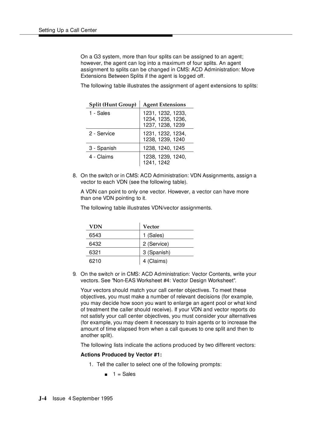 AT&T 555-230-520 manual Split Hunt Group Agent Extensions, Actions Produced by Vector #1 