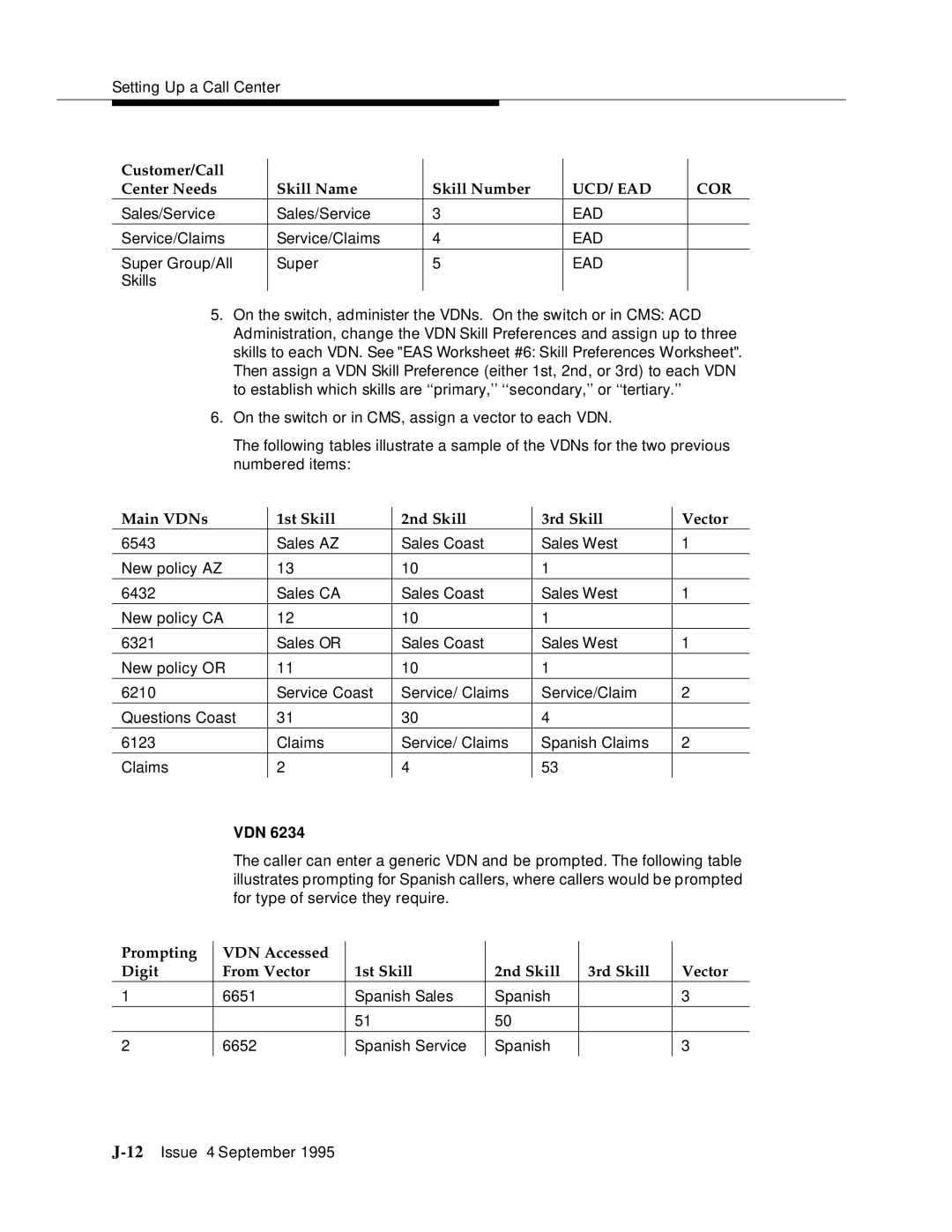 AT&T 555-230-520 manual Main VDNs 1st Skill 2nd Skill 3rd Skill Vector, Vdn 