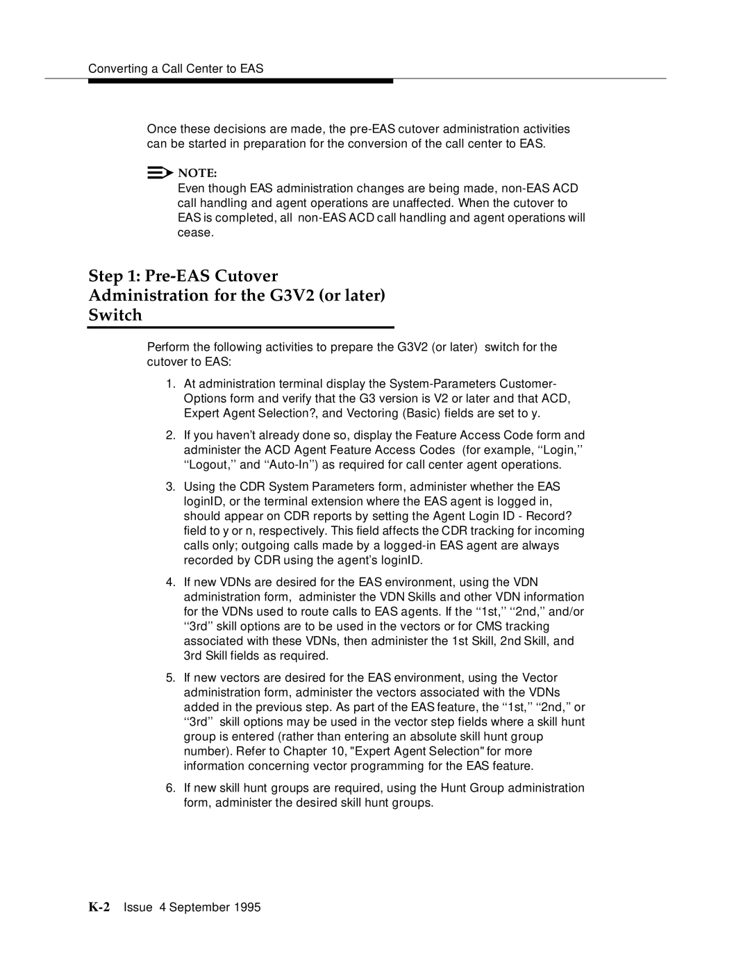 AT&T 555-230-520 manual Pre-EAS Cutover Administration for the G3V2 or later Switch 