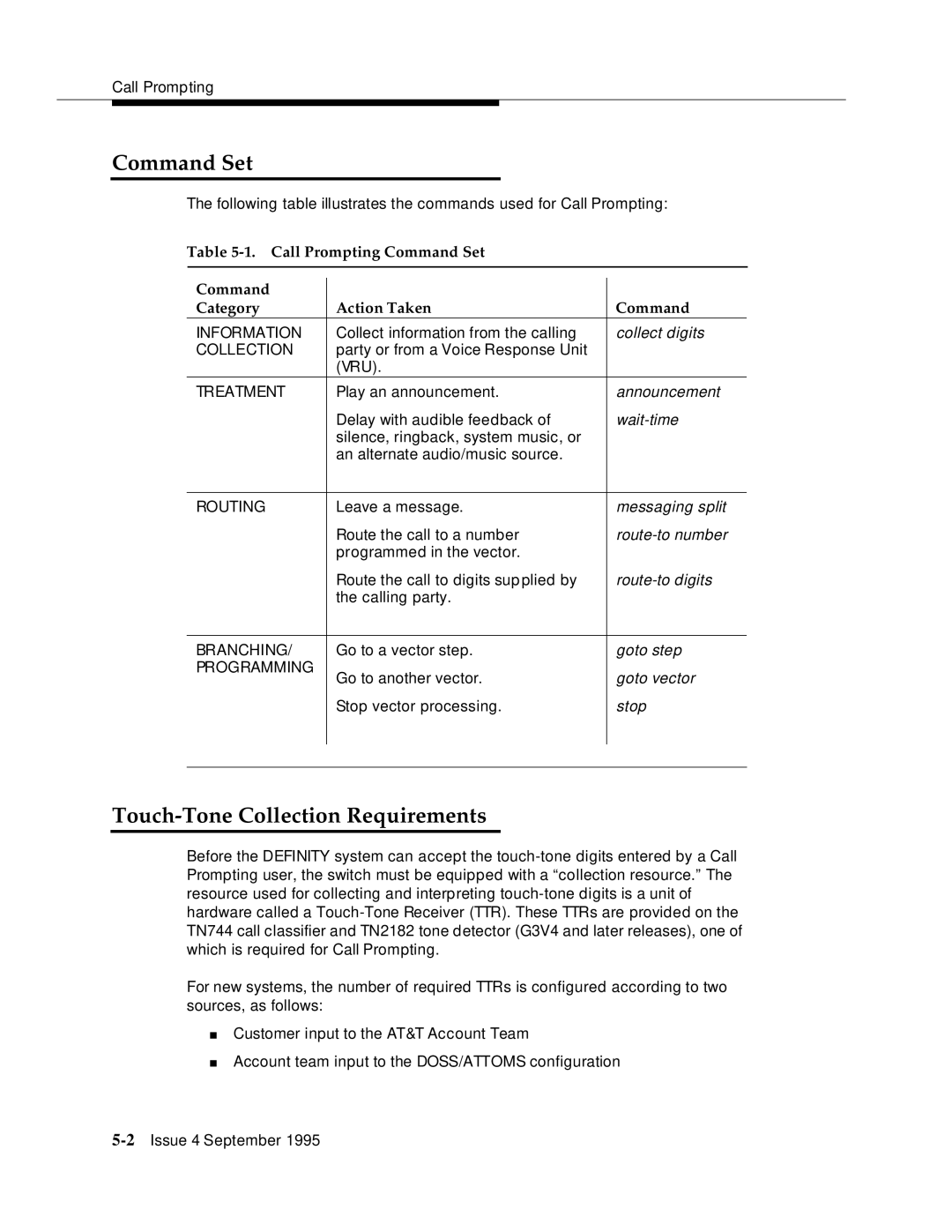 AT&T 555-230-520 manual Touch-Tone Collection Requirements, Call Prompting Command Set Category Action Taken 