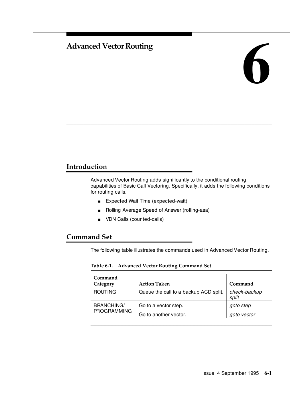 AT&T 555-230-520 manual Advanced Vector Routing Command Set Category Action Taken 