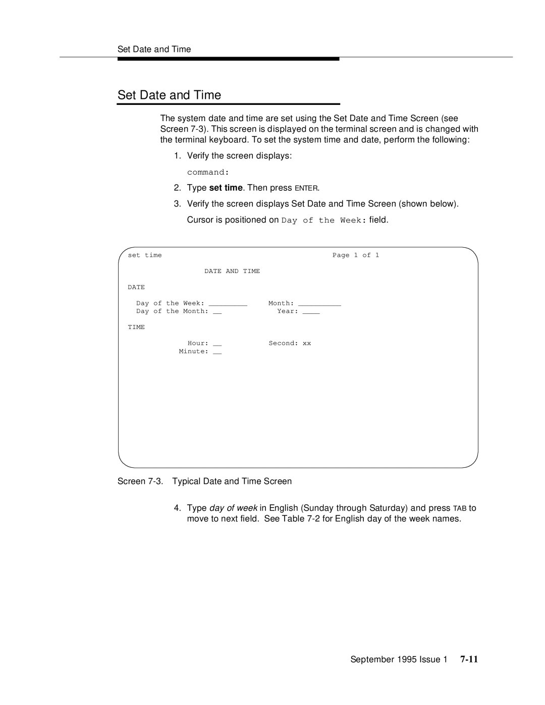 AT&T 555-230-894 manual Set Date and Time, Screen 7-3. Typical Date and Time Screen 