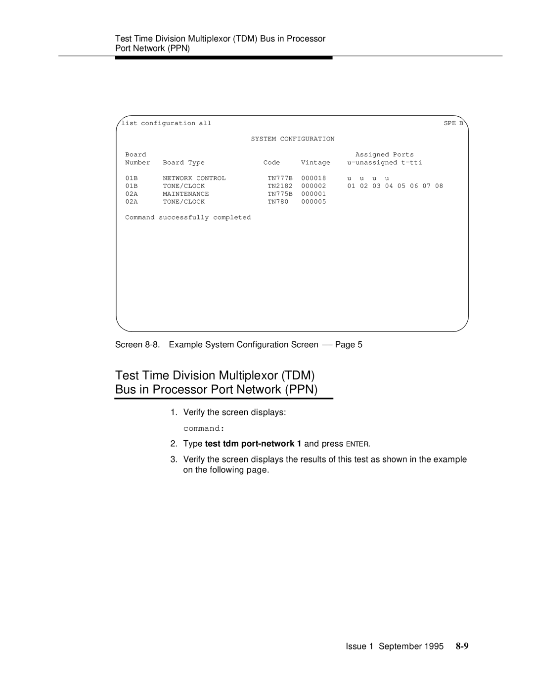 AT&T 555-230-894 manual Screen 8-8. Example System Configuration Screen, Type test tdm port-network 1 and press Enter 