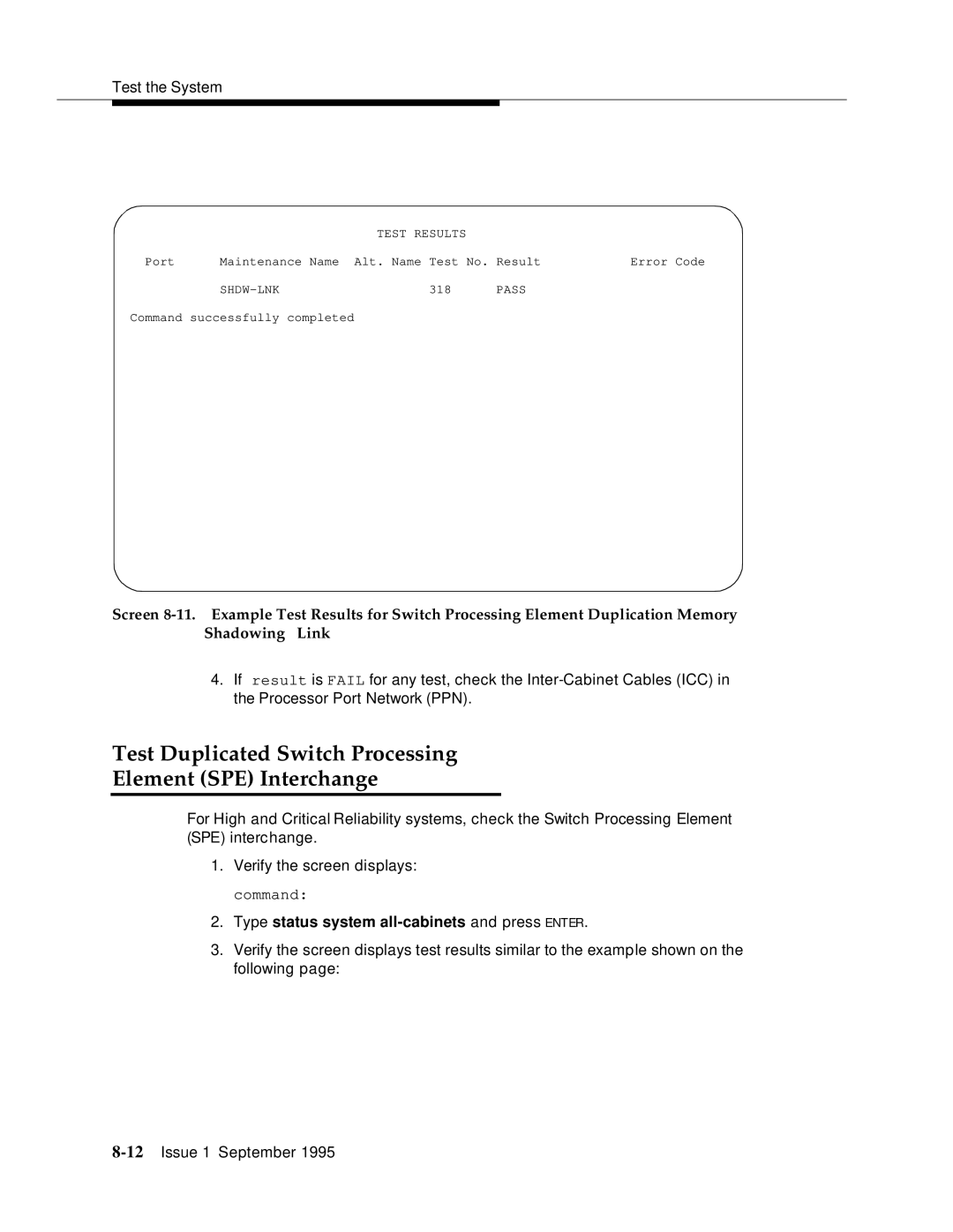 AT&T 555-230-894 manual Test Duplicated Switch Processing Element SPE Interchange 