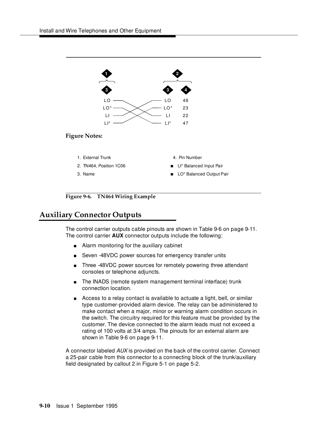 AT&T 555-230-894 manual Auxiliary Connector Outputs, TN464 Wiring Example 