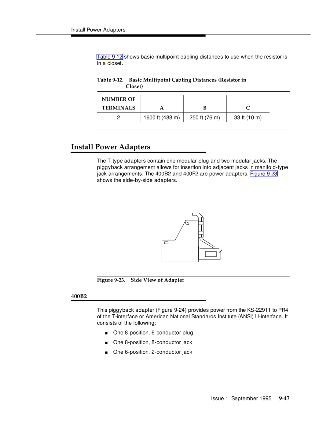 AT&T 555-230-894 manual Install Power Adapters, 400B2, Basic Multipoint Cabling Distances Resistor Closet 