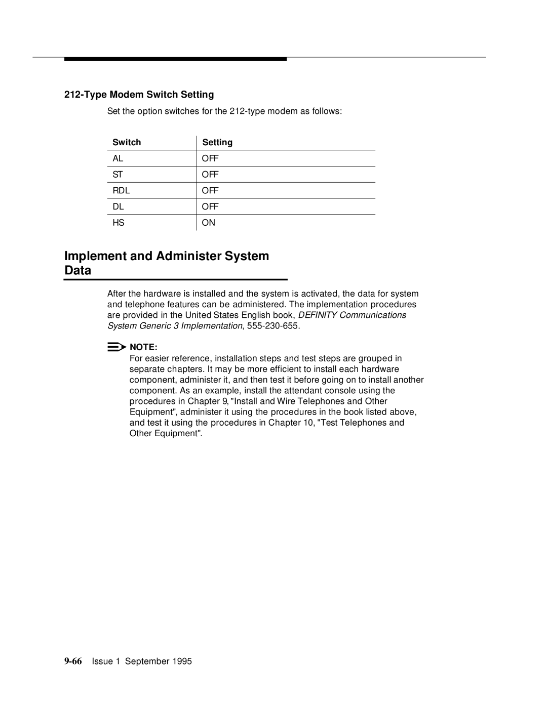 AT&T 555-230-894 manual Implement and Administer System Data, Type Modem Switch Setting 