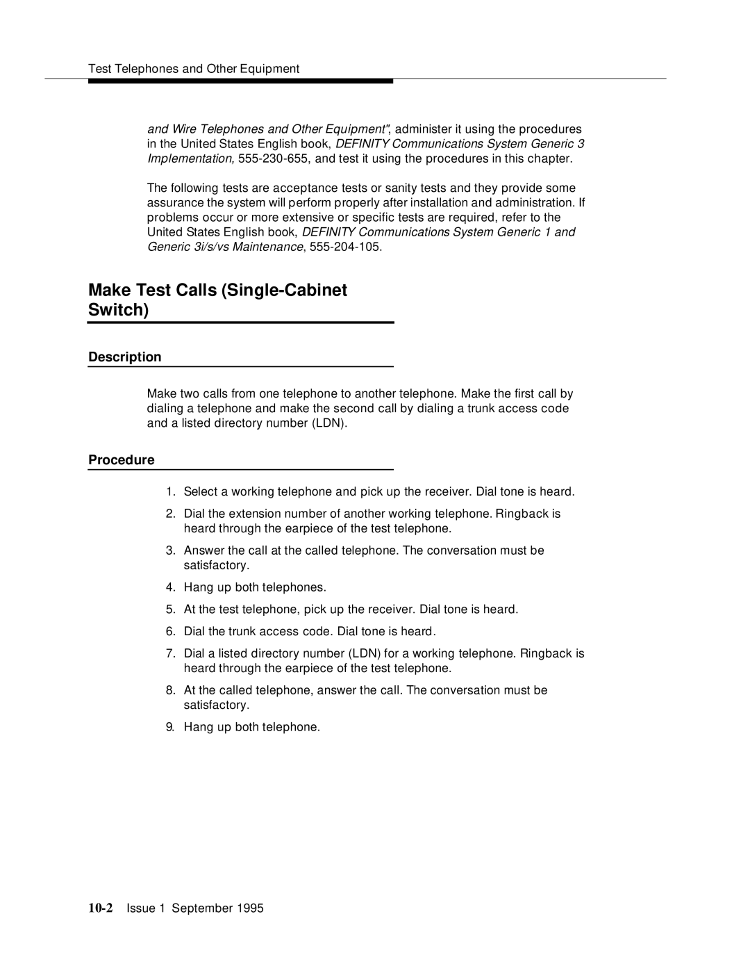 AT&T 555-230-894 manual Make Test Calls Single-Cabinet Switch, Description, Procedure 