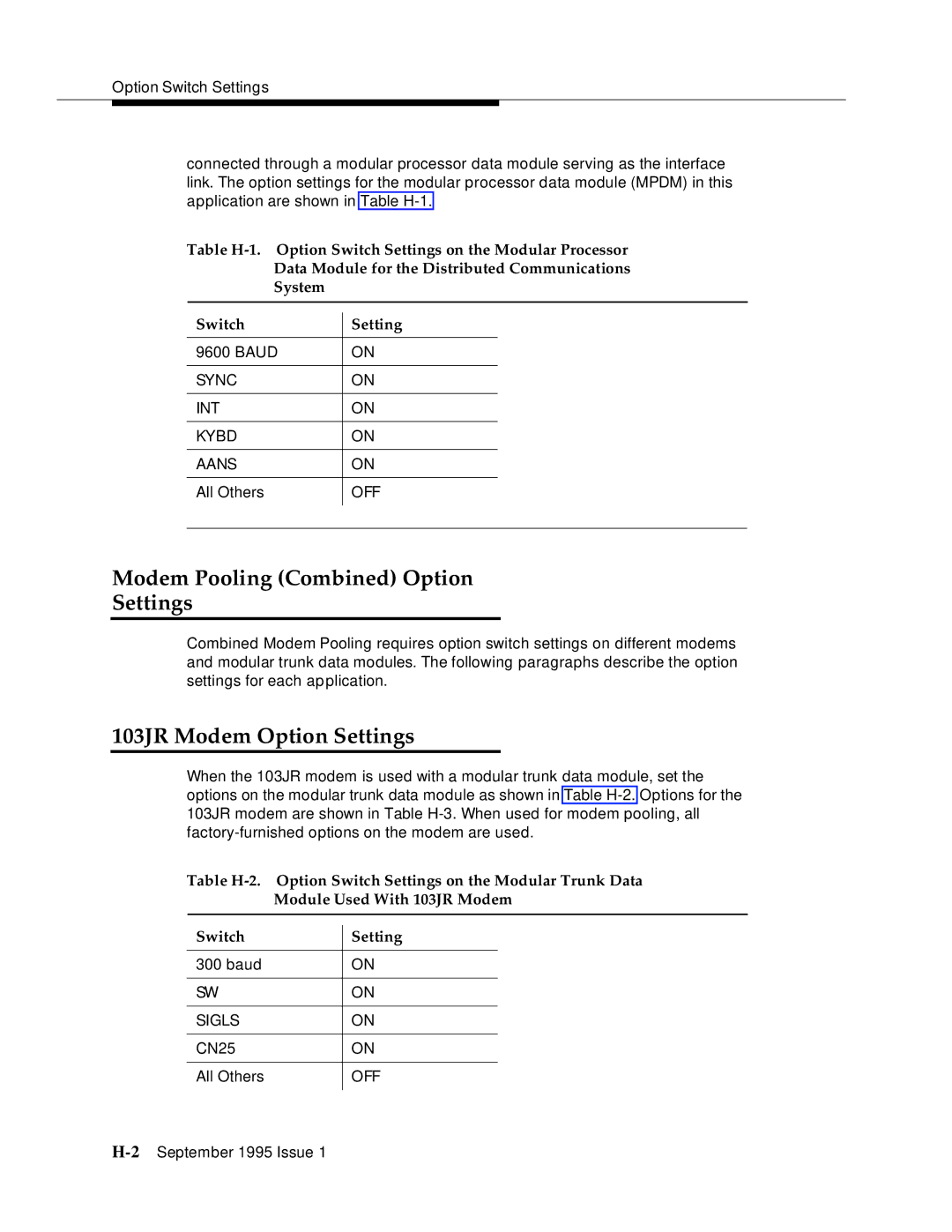 AT&T 555-230-894 manual Modem Pooling Combined Option Settings, 103JR Modem Option Settings 