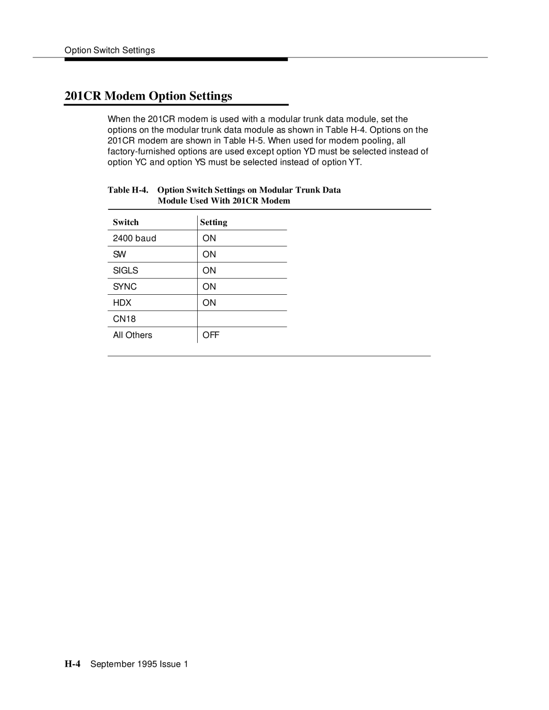 AT&T 555-230-894 manual 201CR Modem Option Settings 