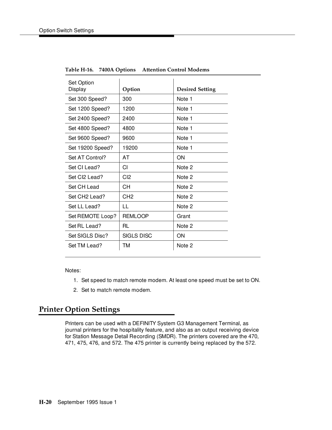 AT&T 555-230-894 manual Printer Option Settings, Table H-16 a Options- Attention Control Modems, Option Desired Setting 