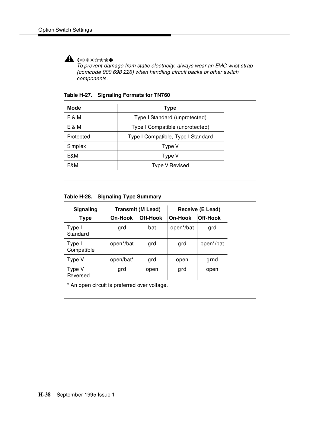 AT&T 555-230-894 manual Table H-27. Signaling Formats for TN760 Mode Type 