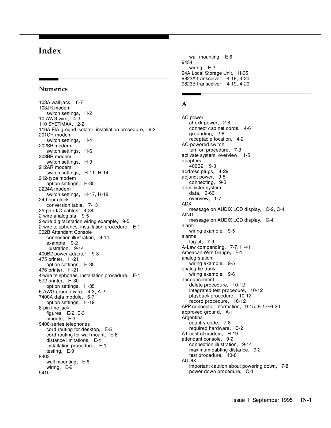 AT&T 555-230-894 manual Index, Numerics 