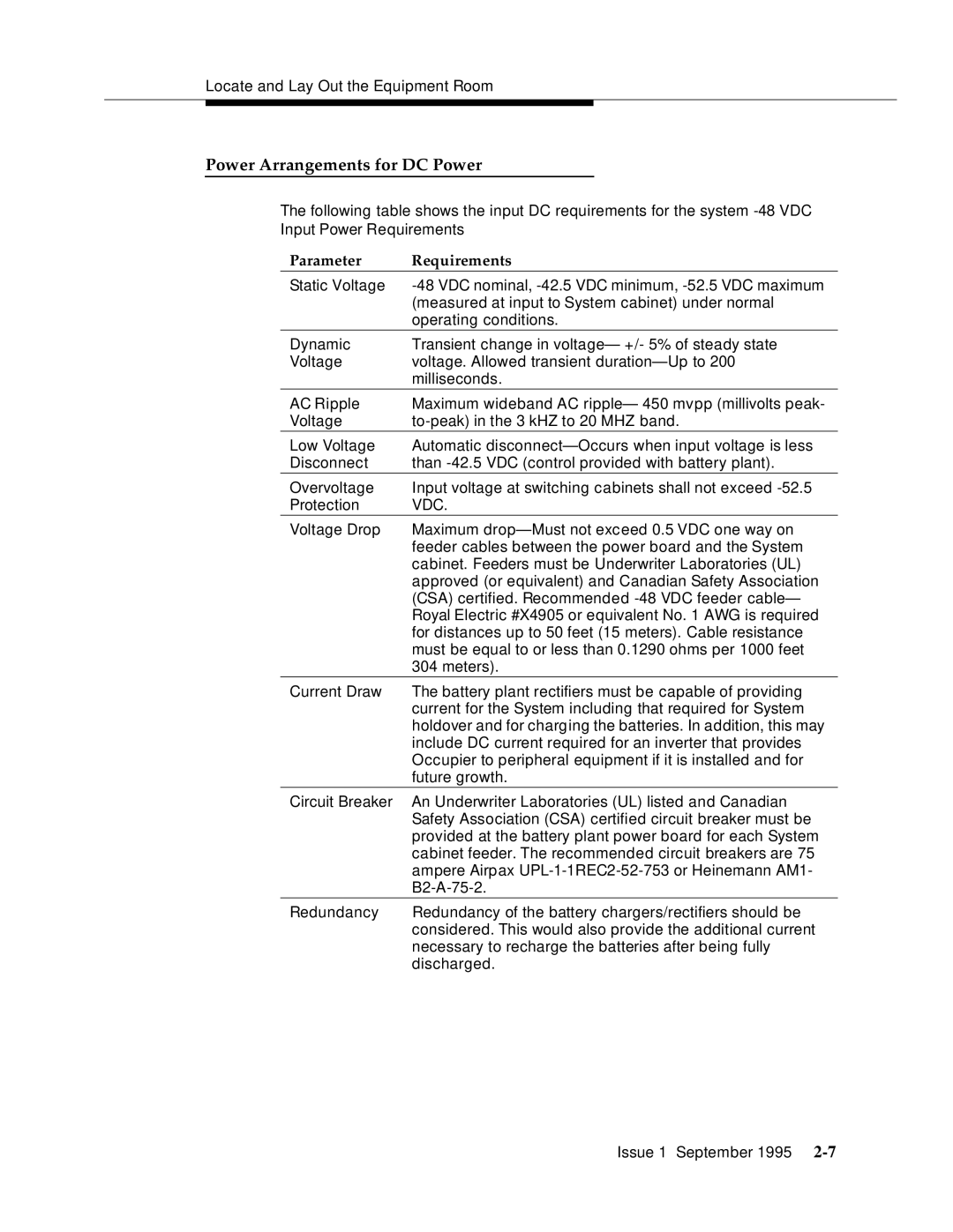 AT&T 555-230-894 manual Power Arrangements for DC Power, Parameter Requirements 