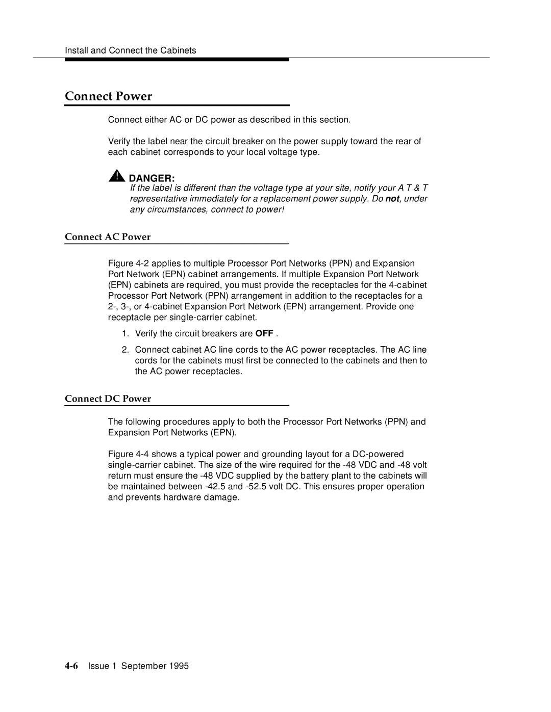 AT&T 555-230-894 manual Connect Power, Connect AC Power, Connect DC Power 