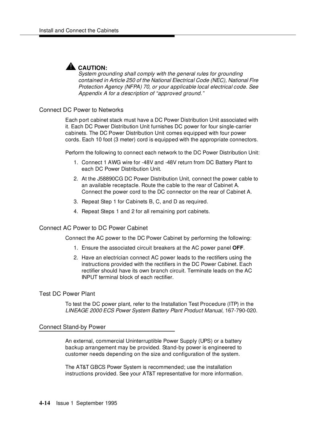 AT&T 555-230-894 manual Connect DC Power to Networks, Connect AC Power to DC Power Cabinet, Test DC Power Plant 