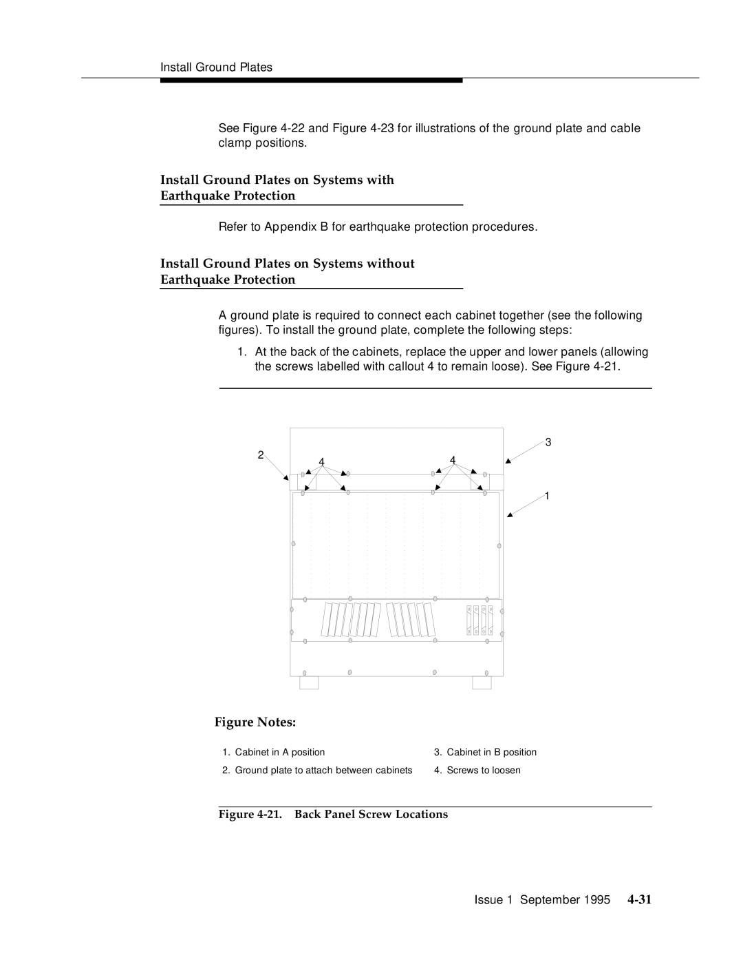 AT&T 555-230-894 manual Install Ground Plates on Systems with Earthquake Protection, Back Panel Screw Locations 