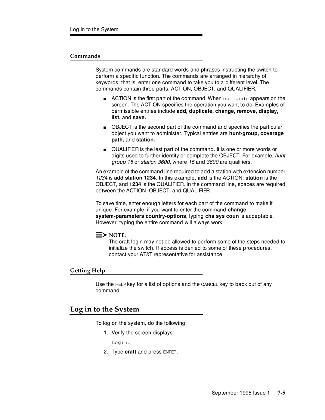 AT&T 555-230-894 manual Log in to the System, Commands, Getting Help 