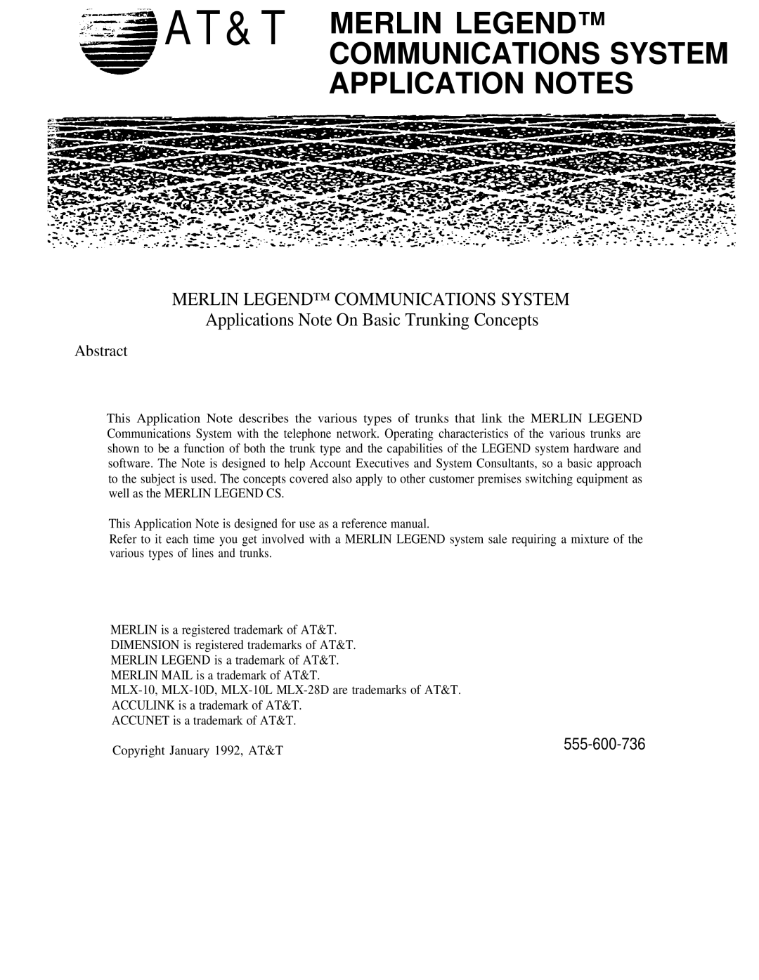 AT&T 555-600-736 manual AT&T Merlin Legend Communications System Application Notes 