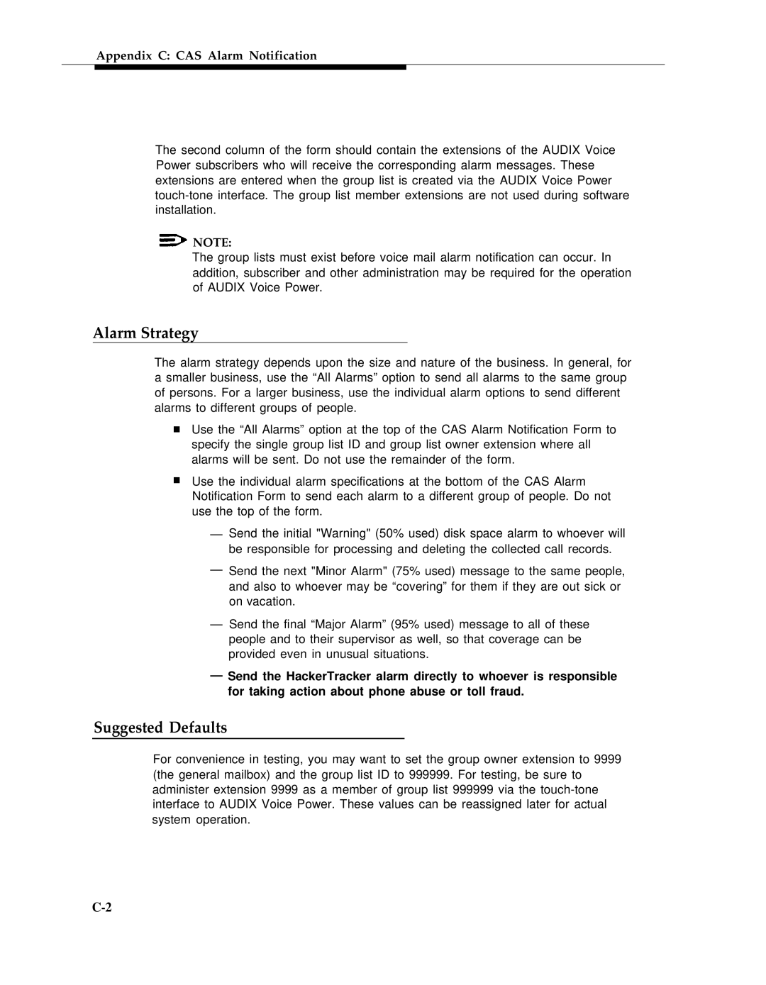 AT&T 555-601-010ADD manual Alarm Strategy, Suggested Defaults 