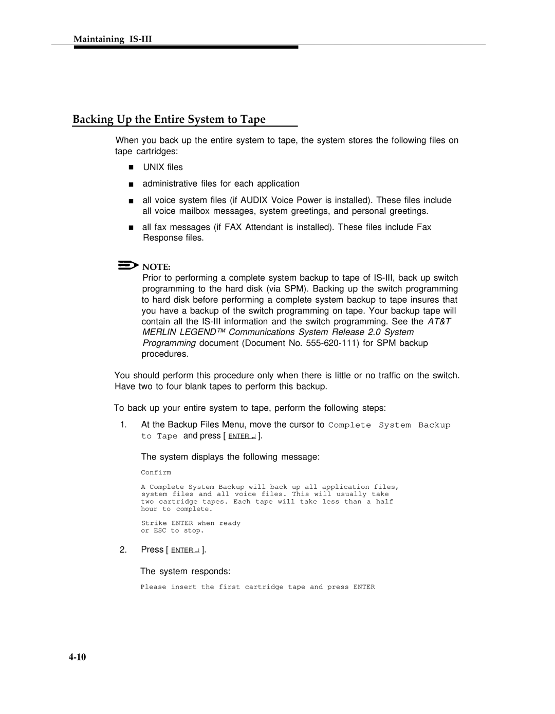 AT&T 555-601-010ADD manual Backing Up the Entire System to Tape 