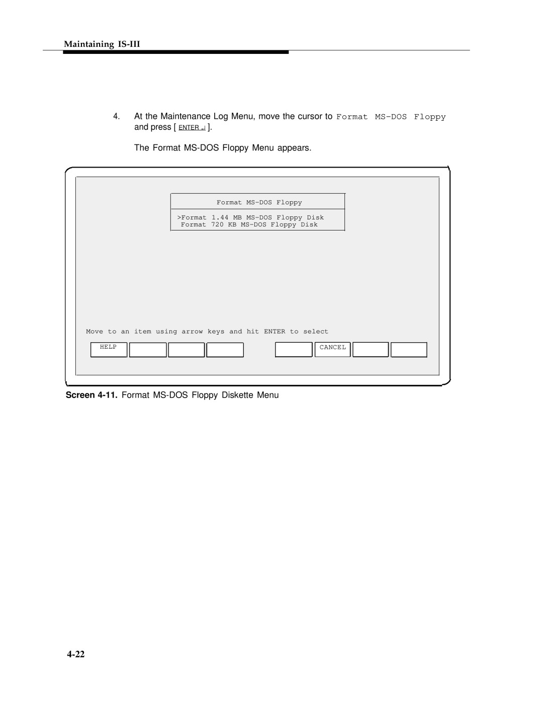 AT&T 555-601-010ADD manual Screen 4-11.Format MS-DOS Floppy Diskette Menu 