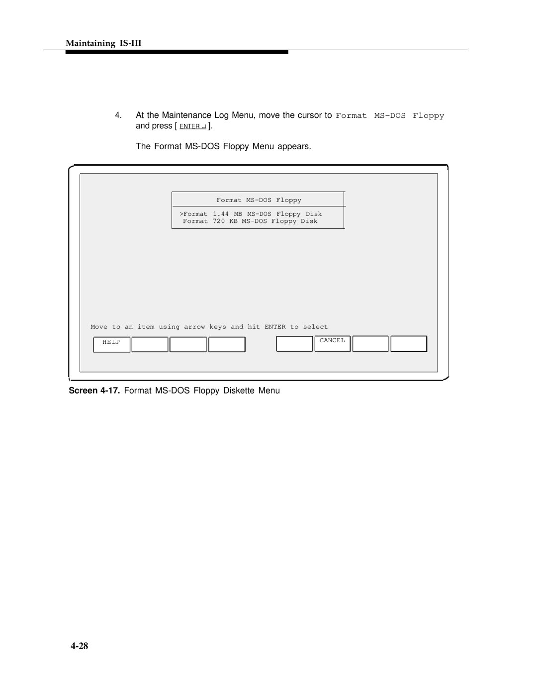 AT&T 555-601-010ADD manual Screen 4-17.Format MS-DOS Floppy Diskette Menu 