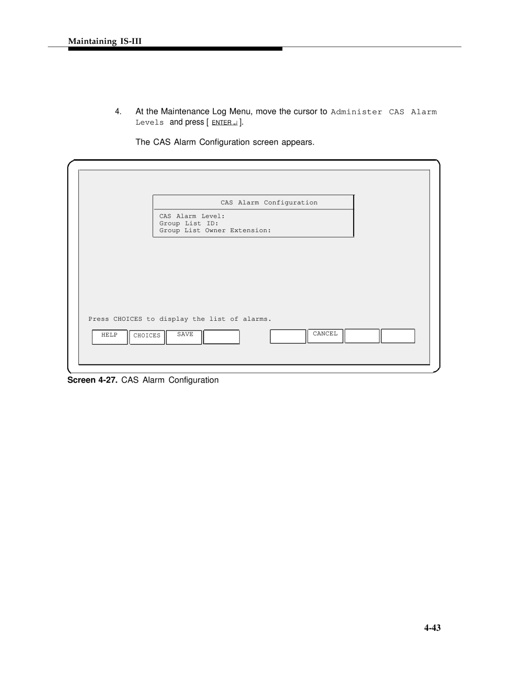 AT&T 555-601-010ADD manual Screen 4-27.CAS Alarm Configuration 