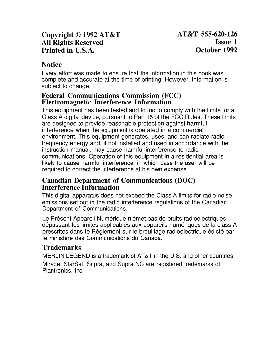 AT&T 555-620-126 manual Copyright 1992 AT&T All Rights Reserved Issue October, Trademarks 