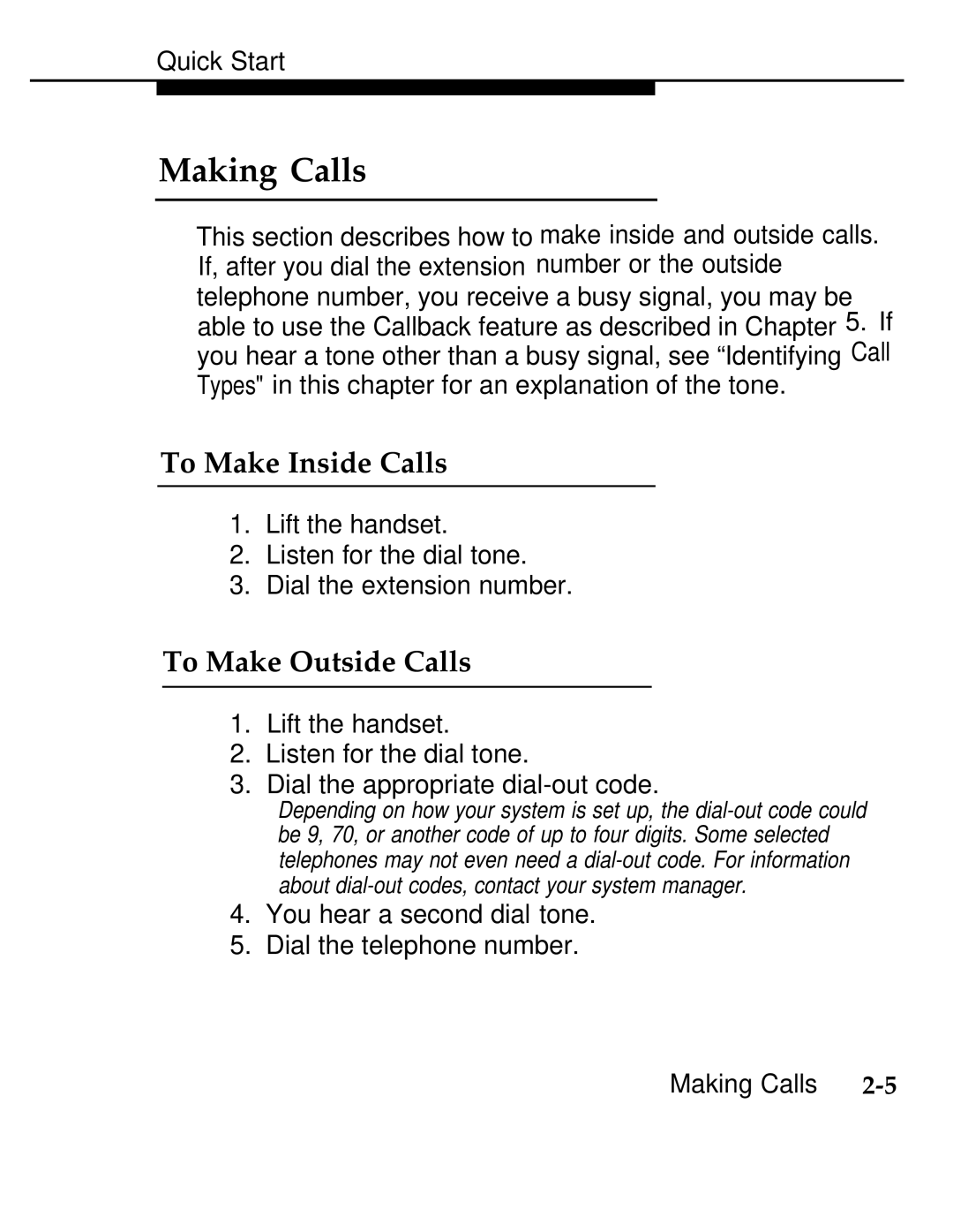 AT&T 555-620-126 manual Making Calls, To Make Inside Calls, To Make Outside Calls 