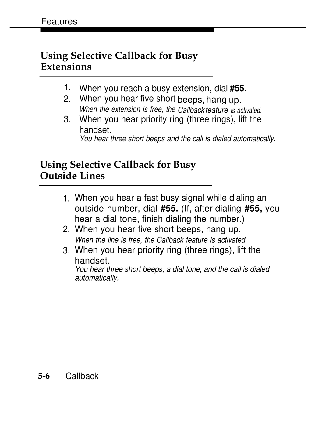 AT&T 555-620-126 manual Using Selective Callback for Busy Extensions, Using Selective Callback for Busy Outside Lines 