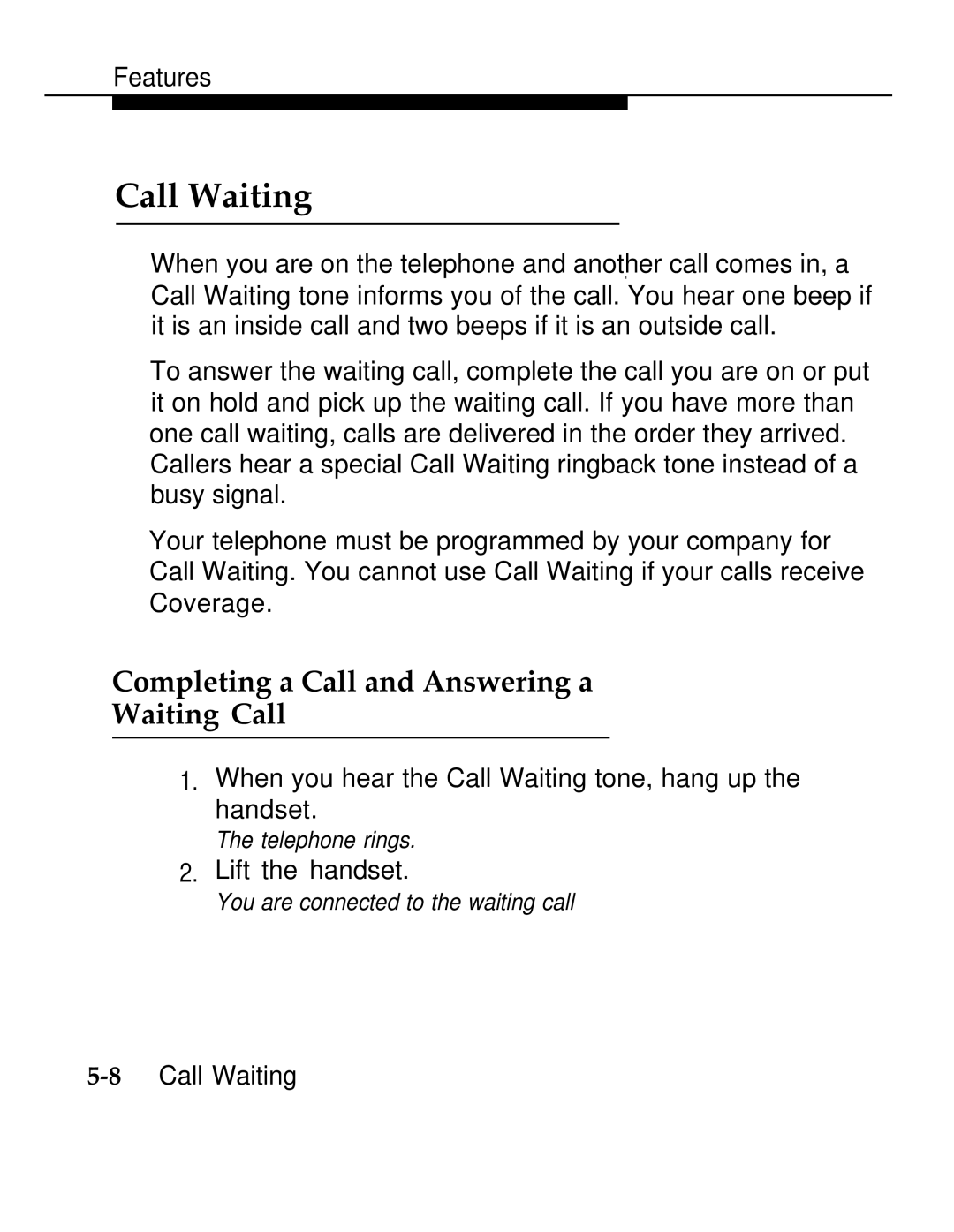 AT&T 555-620-126 manual Call Waiting, Completing a Call and Answering a Waiting Call 