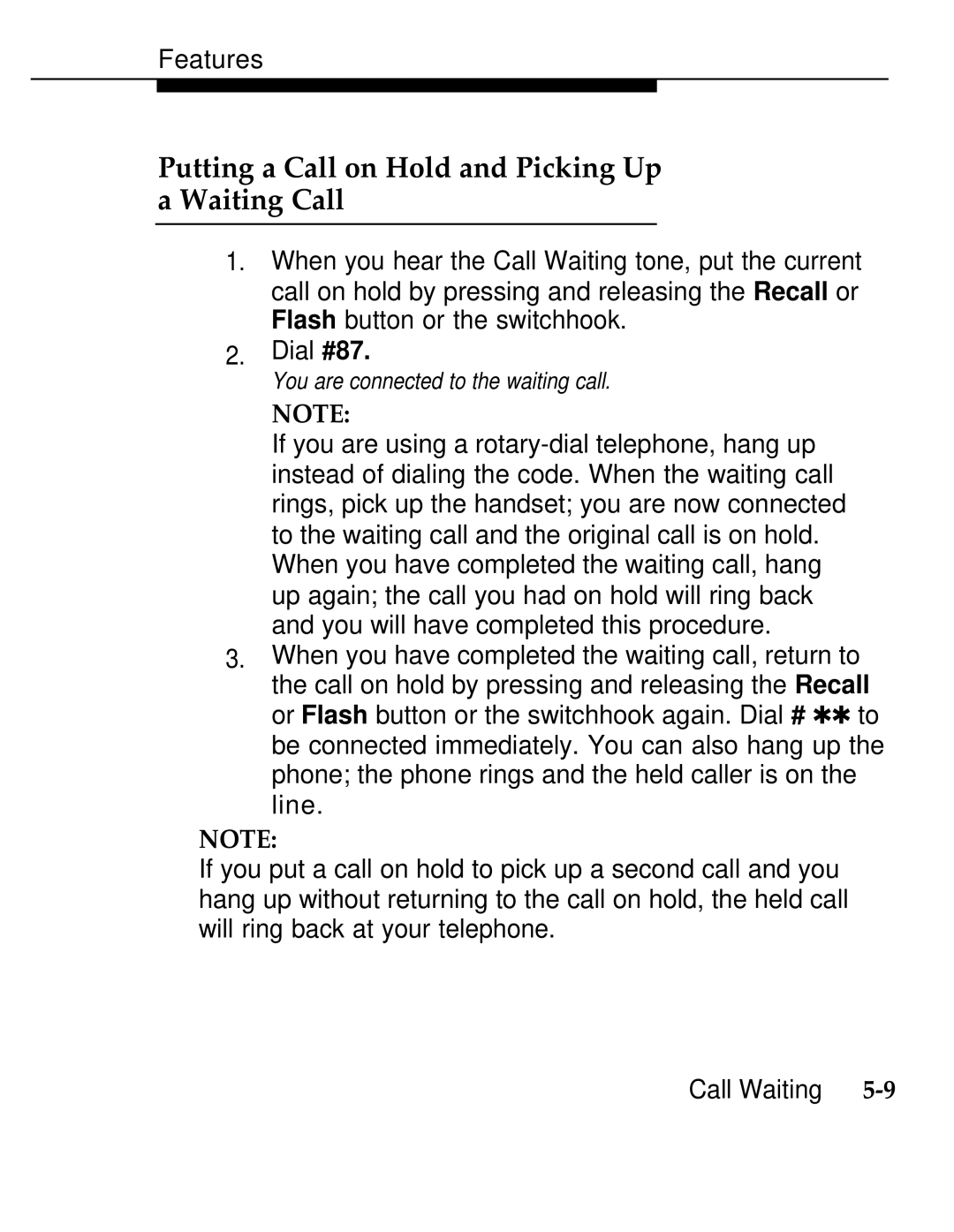 AT&T 555-620-126 manual Putting a Call on Hold and Picking Up Waiting Call 