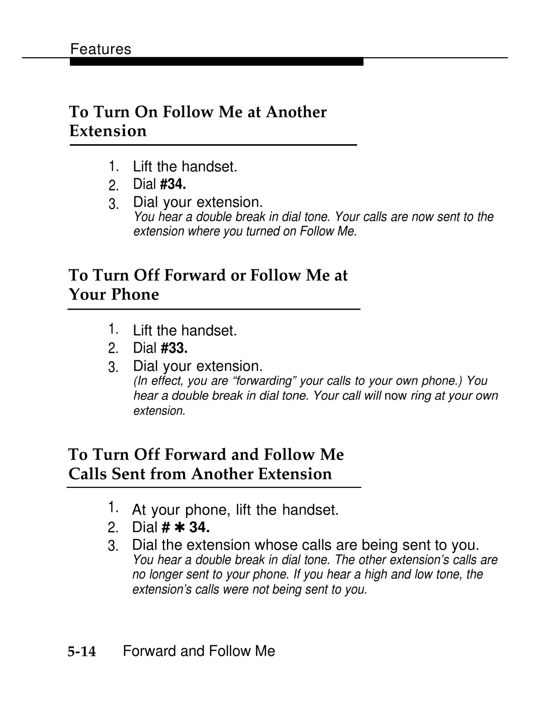 AT&T 555-620-126 manual To Turn On Follow Me at Another Extension, To Turn Off Forward or Follow Me at Your Phone 