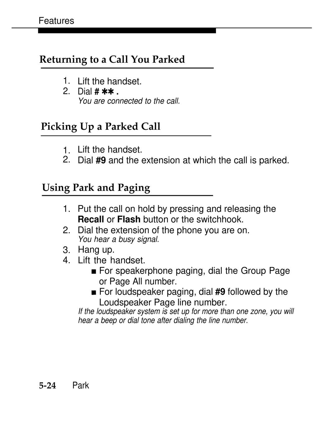 AT&T 555-620-126 manual Returning to a Call You Parked, Picking Up a Parked Call, Using Park and Paging 