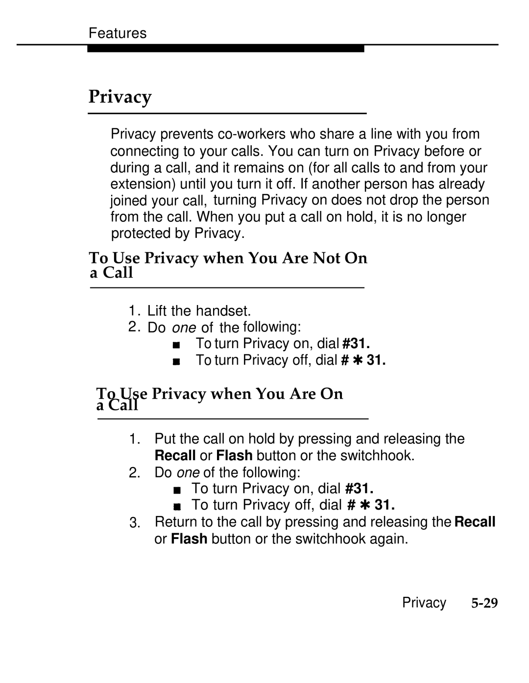 AT&T 555-620-126 manual To Use Privacy when You Are Not On Call, To Use Privacy when You Are On Call 