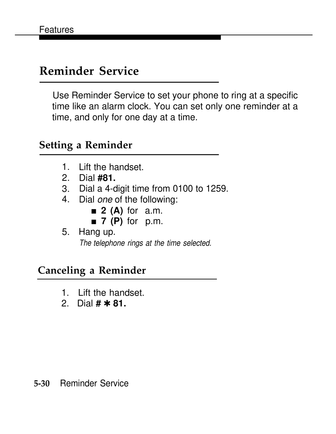 AT&T 555-620-126 manual Reminder Service, Setting a Reminder, Canceling a Reminder 