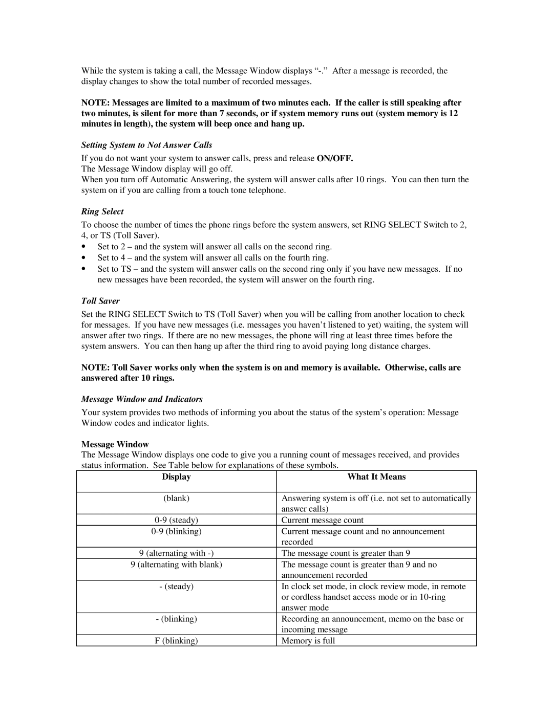 AT&T 5635 manual Setting System to Not Answer Calls, Ring Select, Toll Saver, Message Window and Indicators 