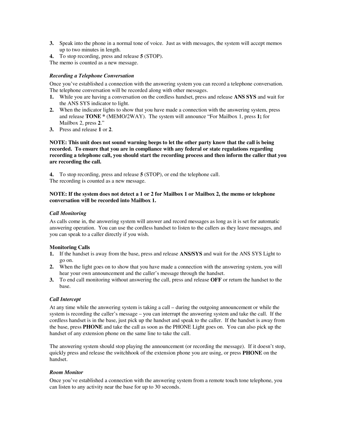 AT&T 5635 manual Recording a Telephone Conversation, Call Monitoring, Monitoring Calls, Call Intercept, Room Monitor 