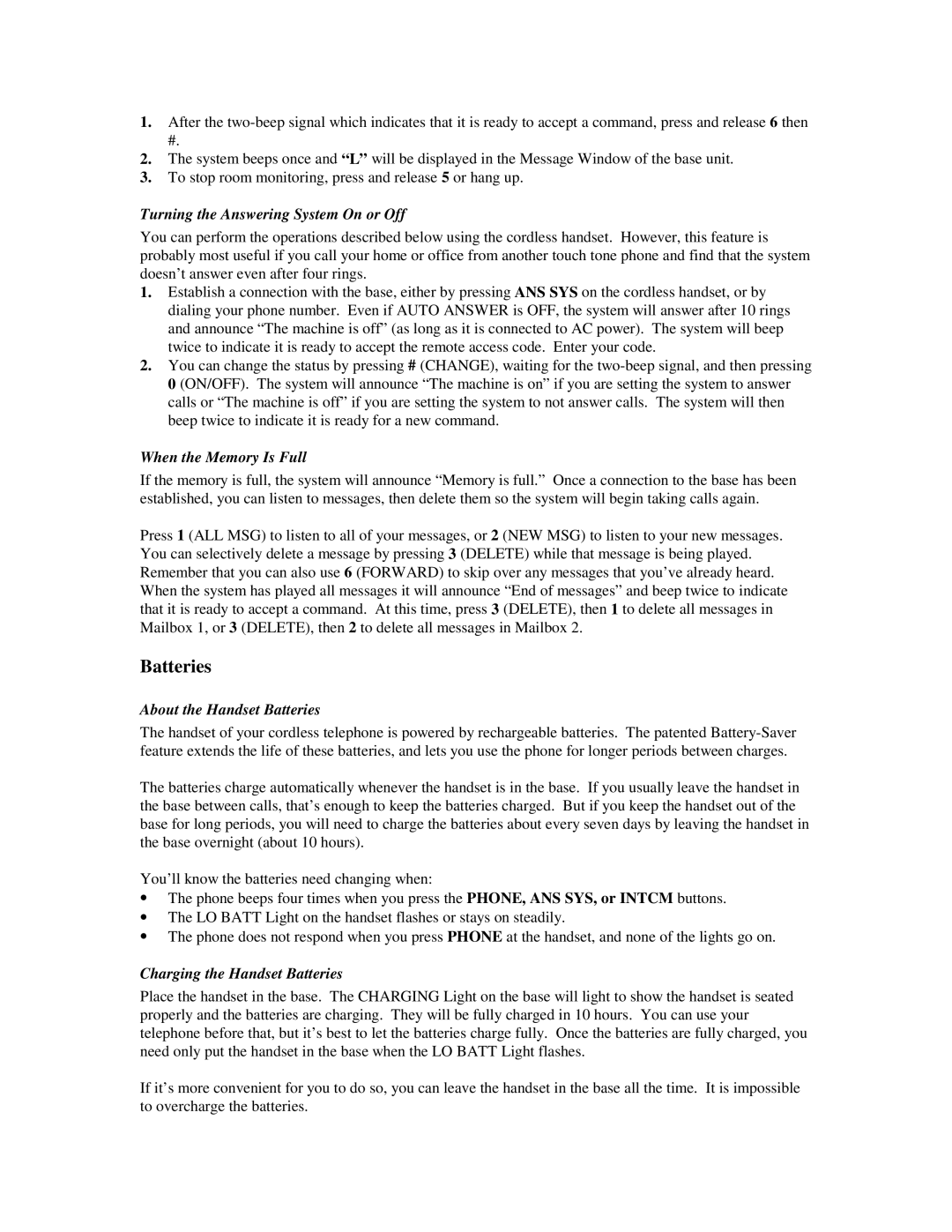 AT&T 5635 manual Turning the Answering System On or Off, About the Handset Batteries, Charging the Handset Batteries 