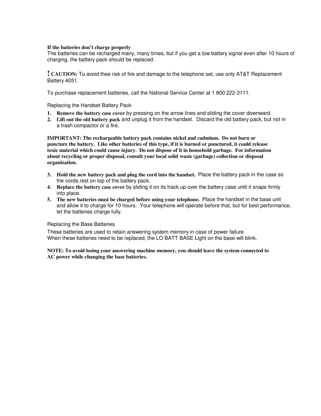 AT&T 5635 manual If the batteries don’t charge properly, Replacing the Handset Battery Pack, Replacing the Base Batteries 